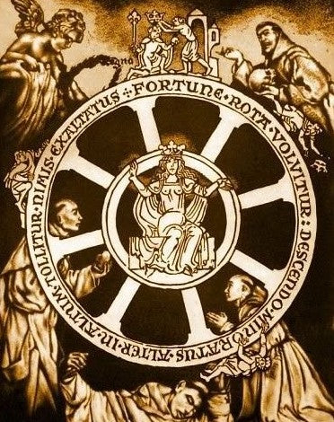 Sepia-toned Wheel of Fortune emblem with crowned figure and Latin inscriptions