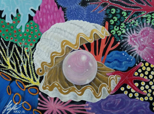 Vibrant hand-painted clamshell with glossy pink pearl, symbol of piety and vanity