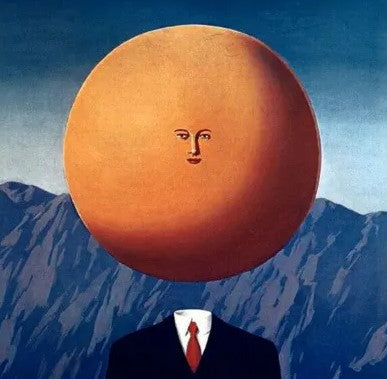Surreal orange sphere with human face above suited man, creative brain art