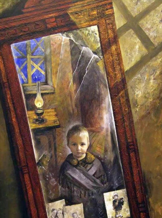 Rustic painting of boy by oil lamp in mystical mirrors artwork