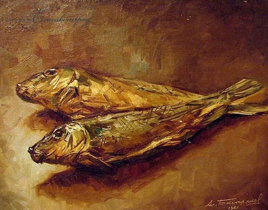 Two golden-hued fish in textured oil painting style, eternal symbol