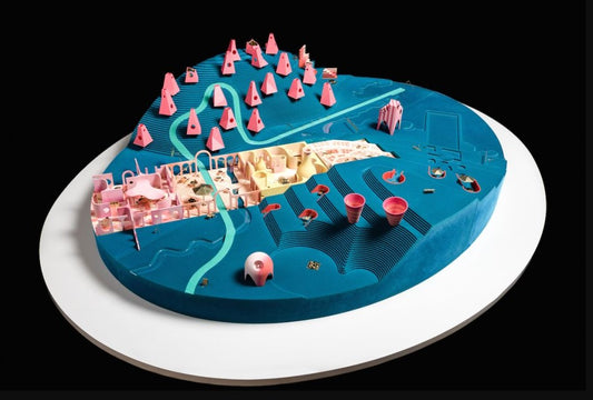 Detailed blue-pink miniature cityscape by psychiatric clinic patients exhibition
