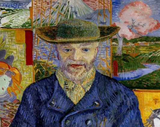 Van Gogh’s man in green hat, blue coat, yellow collar, Japan art.