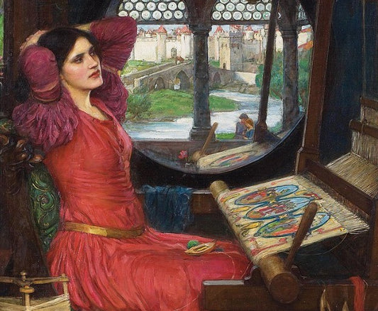 Pre-Raphaelite witch in red gown at loom gazing out arched window