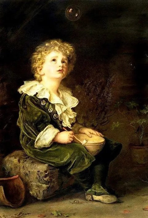 Pre-Raphaelite boy in green velvet coat with lace collar holds wooden bowl