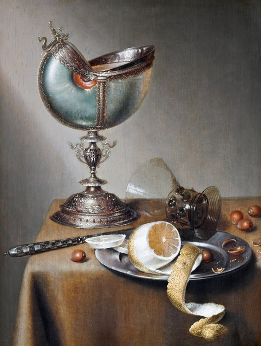 Ornate silver teal shell vessel in Dutch still life on pedestal