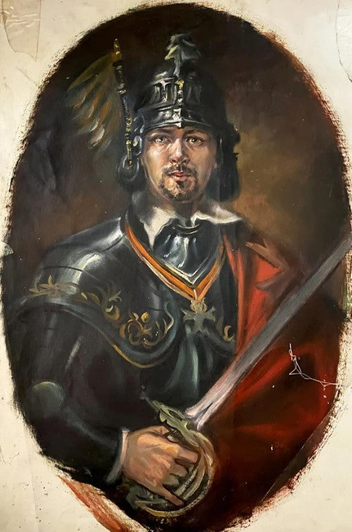 Portrait of knight in ornate black armor with gold, red cloak, sword