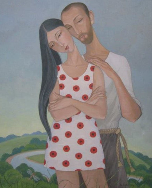 Woman in white polka-dot dress in artist’s self-portrait