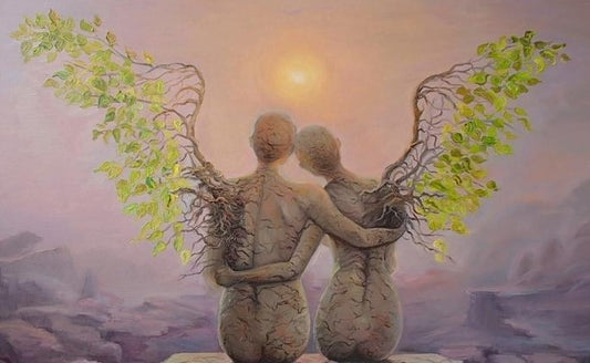 Two tree-rooted humanoid lovers with leafy wings back-to-back at sunset