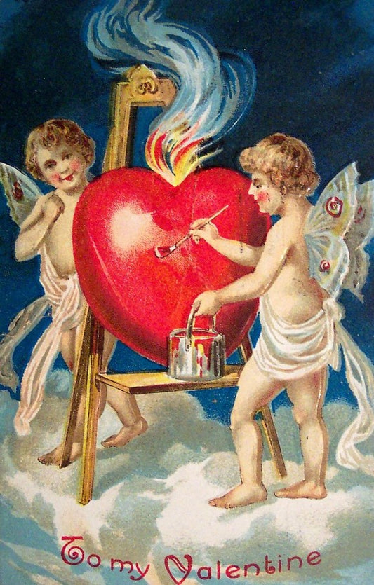 Two cherubs paint vibrant red heart on easel in Saint Valentine art