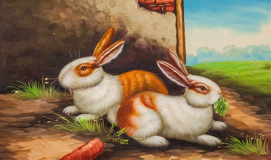 Oil painting of fluffy white orange rabbits symbolizing art near stone wall