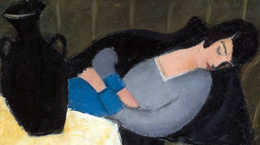 Black ceramic vase with handles beside reclining figure in lost Hungarian painting