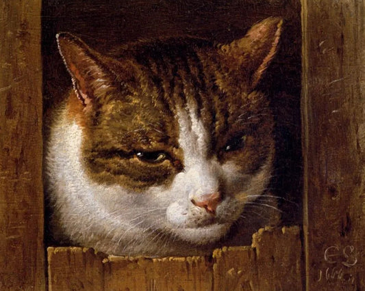 Detailed oil painting of tabby white cat in rustic window, illusion of reality