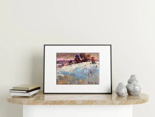 Framed impressionistic landscape painting in blue purple red brown for home.