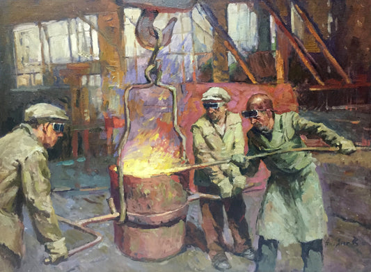 Glowing molten metal crucible suspended by hook in socialist realist foundry labor scene