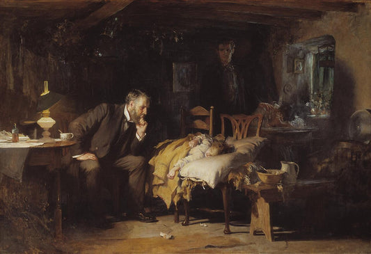 Oil painting of elderly man by childs sickbed in medical art analysis