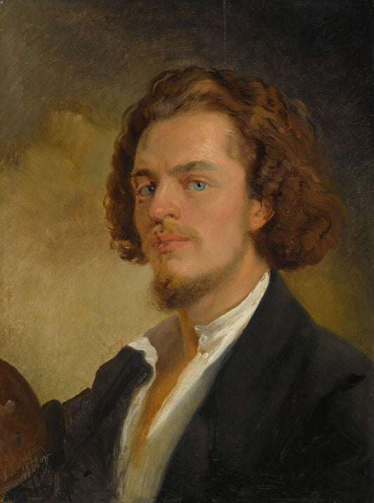 Self-portrait oil painting of young man with curly brown hair, blue eyes, beard