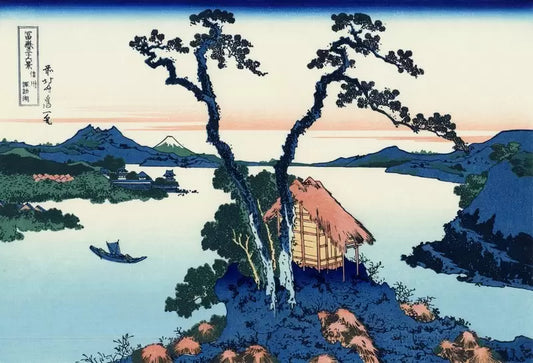 Traditional Japanese woodblock print of thatched hut amid gnarled pines on rocky shore