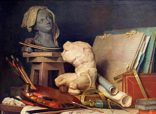 Classical marble bust with draped cloth head amid sculpting tools