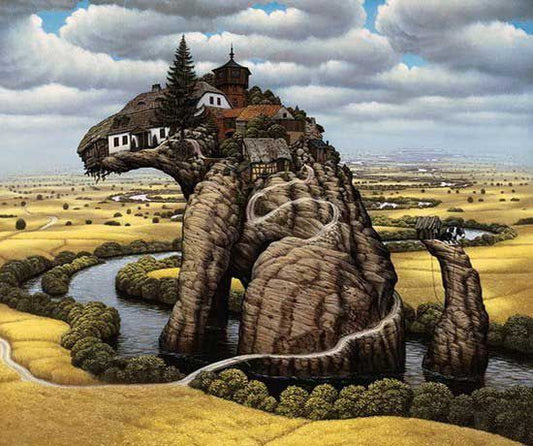 Surreal dinosaur-shaped landform with village in magical realism art.