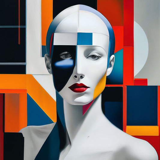Stylized geometric portrait of woman conveying emotion via red lips and shapes