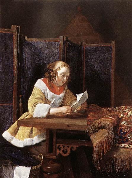 Young woman in yellow-white Dutch Golden Age dress holds paper at table