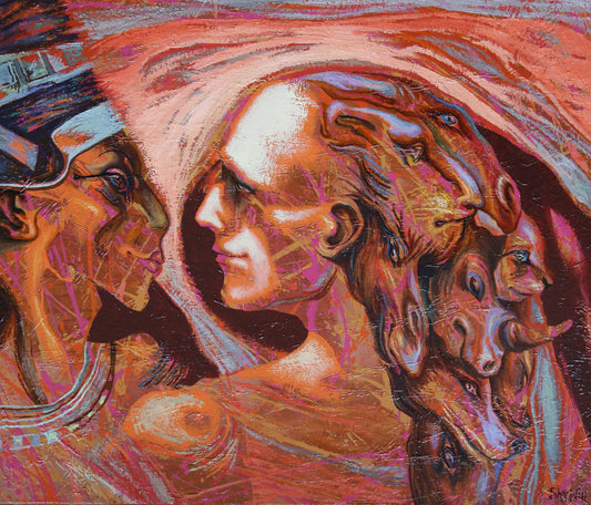 Vibrant abstract painting of distorted faces in orange pink red tones transgressing borders