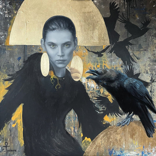 Striking black crow with glossy feathers, open beak, alert eyes for Halloween art