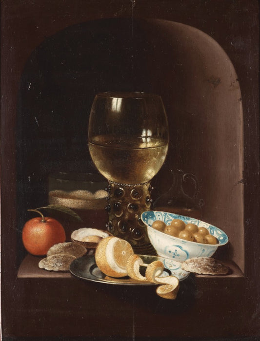 Ornate Dutch still life goblet with golden liquid in bulbous bowl
