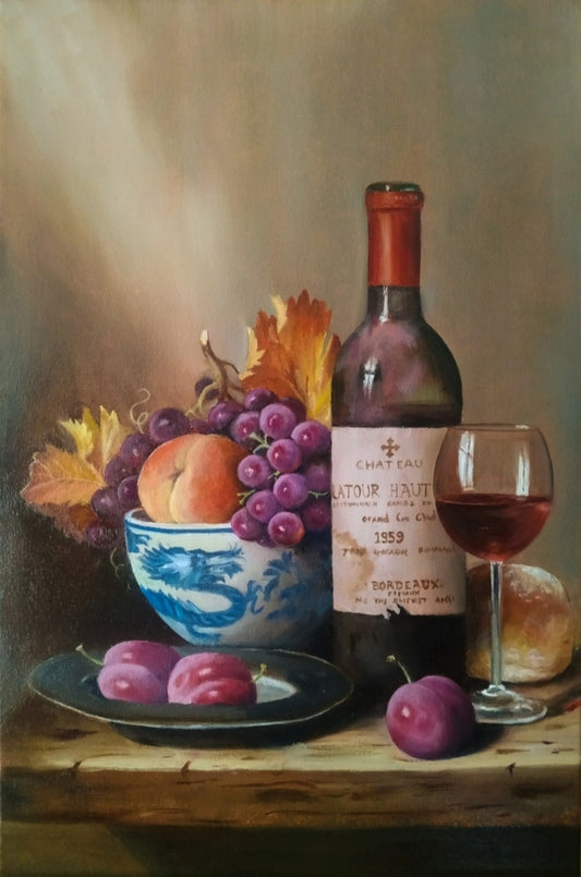 Vintage 1953 Château Latour Haut Bordeaux bottle in Dutch still life