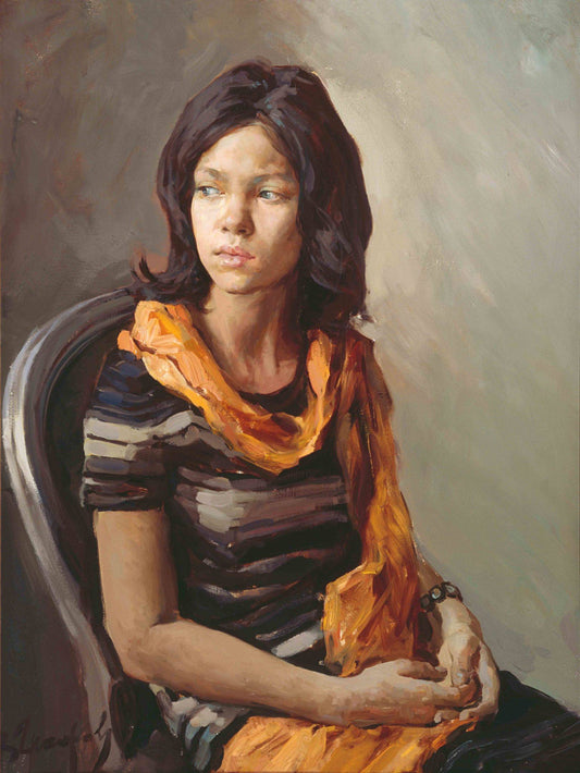 Realistic oil portrait of young woman conveying emotion with dark wavy hair