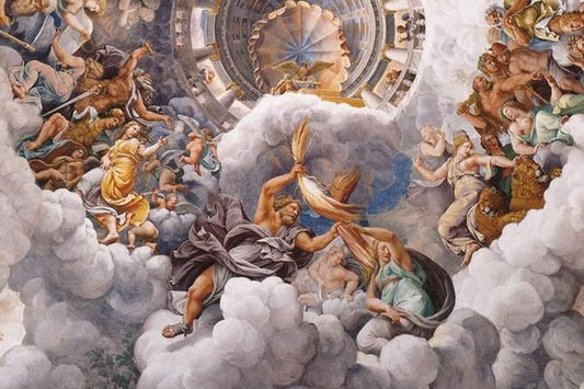 Dynamic fresco of mythological figures influencing modern art