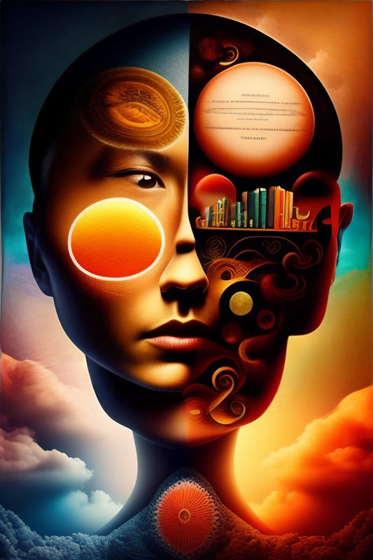 Surreal half-blue half-orange head with coin, books, celestial orbs