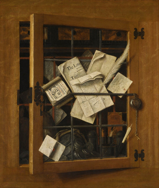 Wooden cabinet with glass panels holding quill, coins, papers in painting illusion art