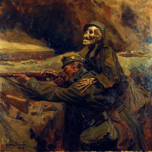 Soldier with skeletal figure on shoulder, WWI oil painting