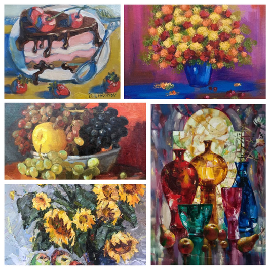 Vibrant floral still life in glossy blue vase