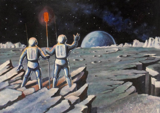 Two astronauts with glowing red flag on mystical lunar surface