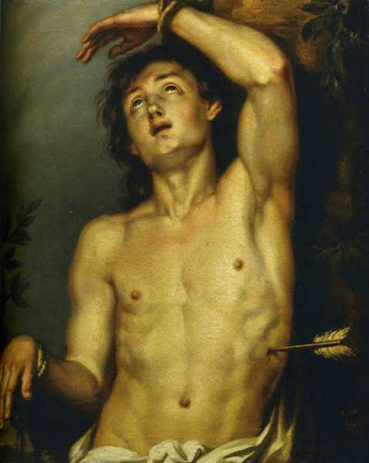 Classical oil painting of nude muscular Saint Sebastian pierced by arrow