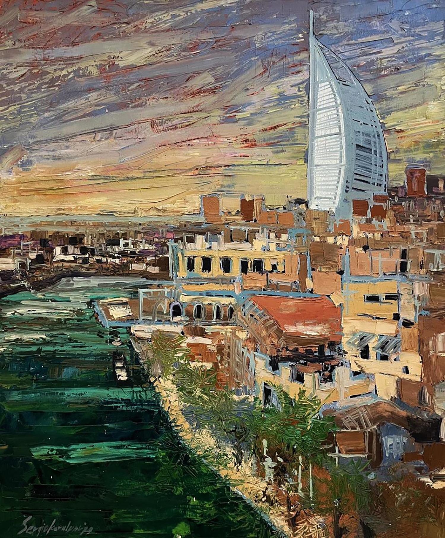Tall white sail-shaped skyscraper by Serhiy Kovalev at sunset