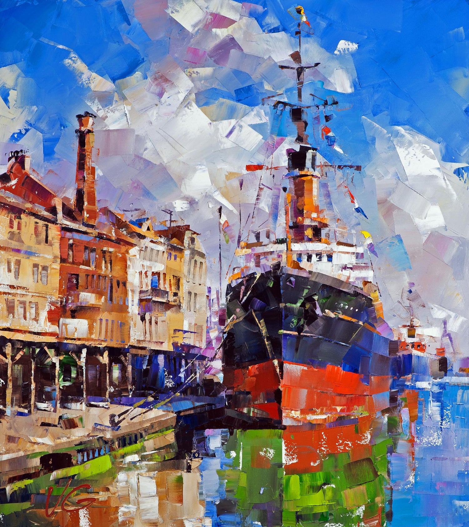 Vibrant abstract cargo ship by Volodymyr Gluhomanyuk, red black hulls