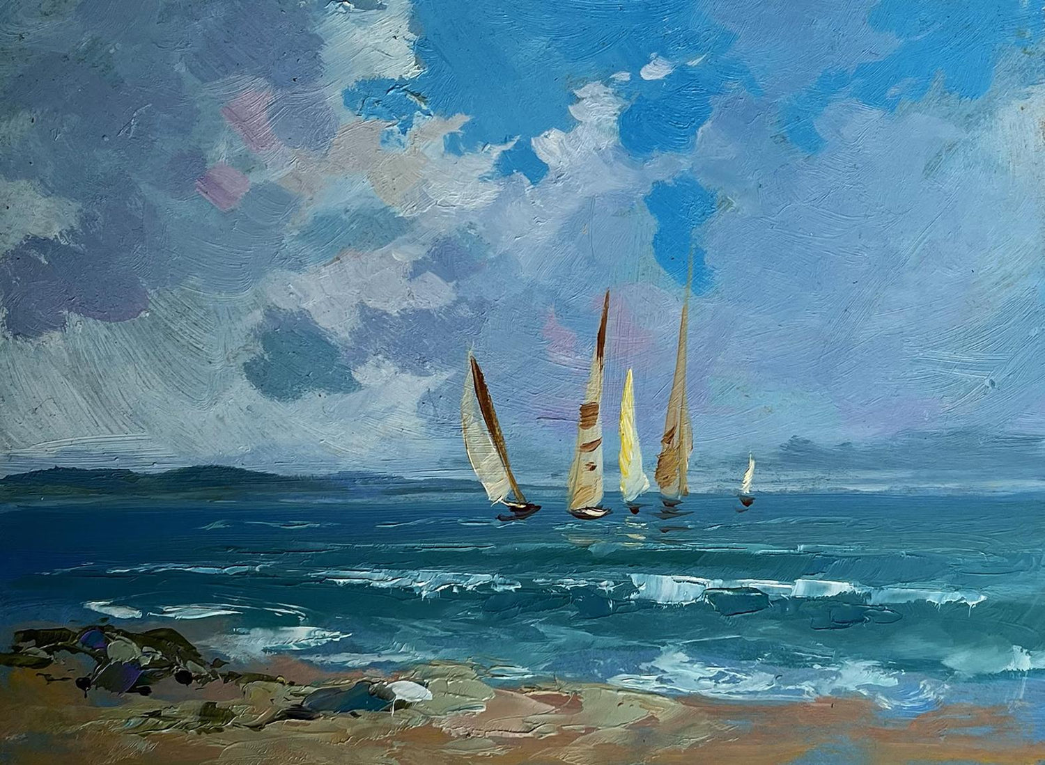 Vibrant impressionist sailboats on textured blue sea by Yuriy Suprunchuk