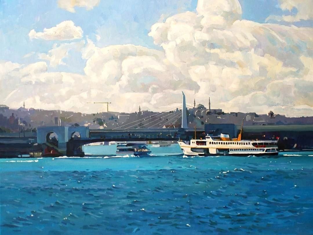 White and orange passenger ferry glides under sweeping bridge on blue water by Anastasia Yaroshevich