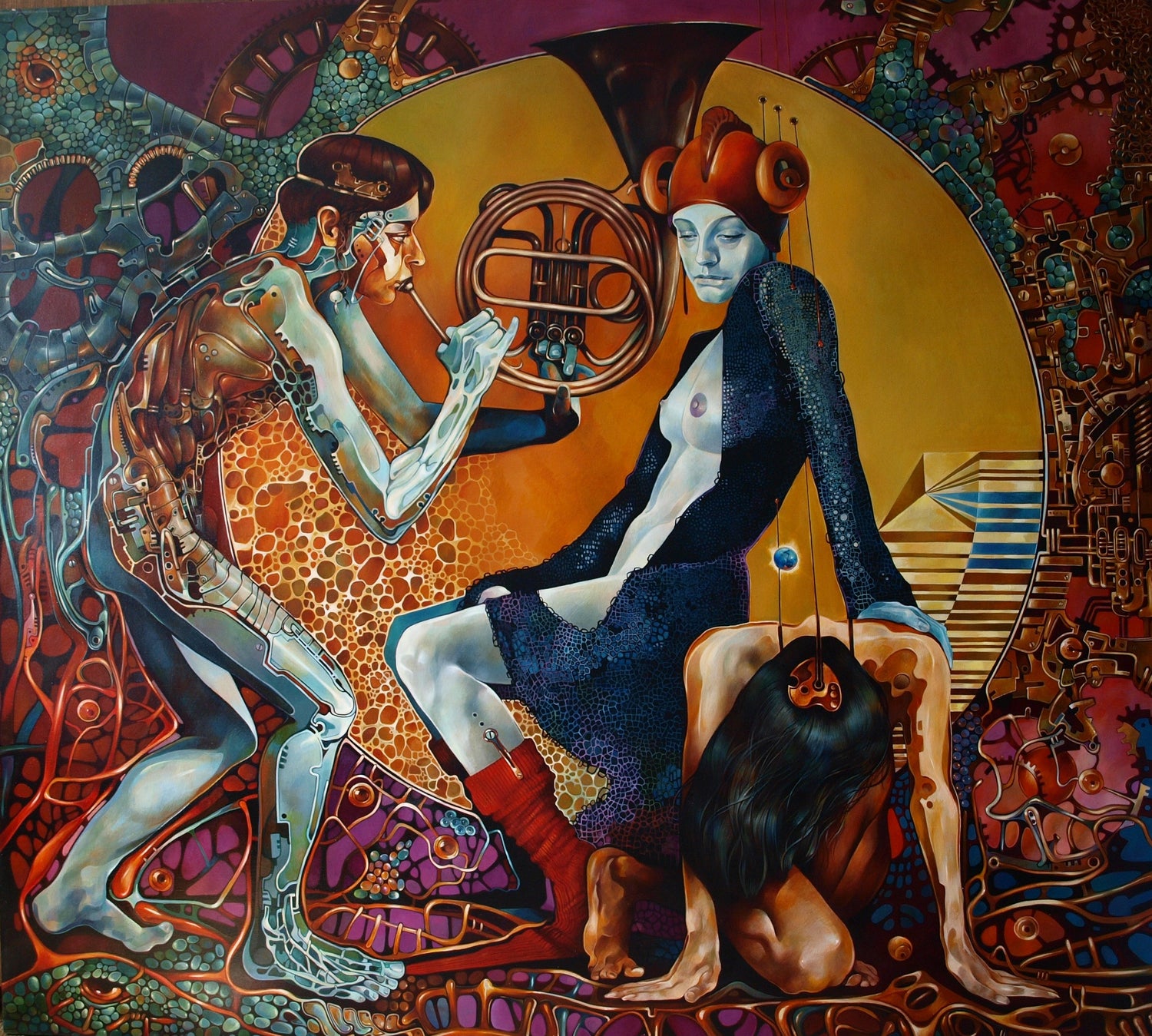 Surreal oil painting by Konsta G. Amelinn: woman in dark dress, red boots, horn headpiece beside man playing French horn