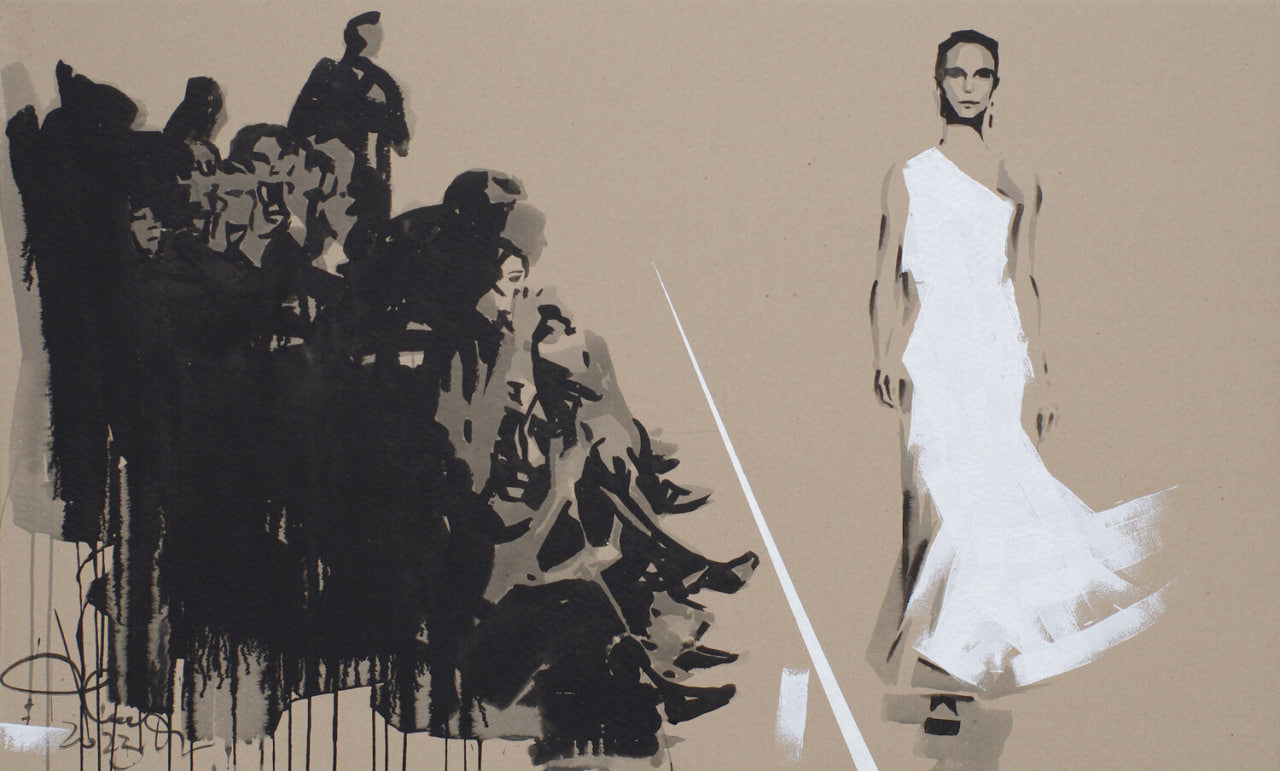 Stylized Dima Filatov illustration of woman in elegant white one-shoulder gown