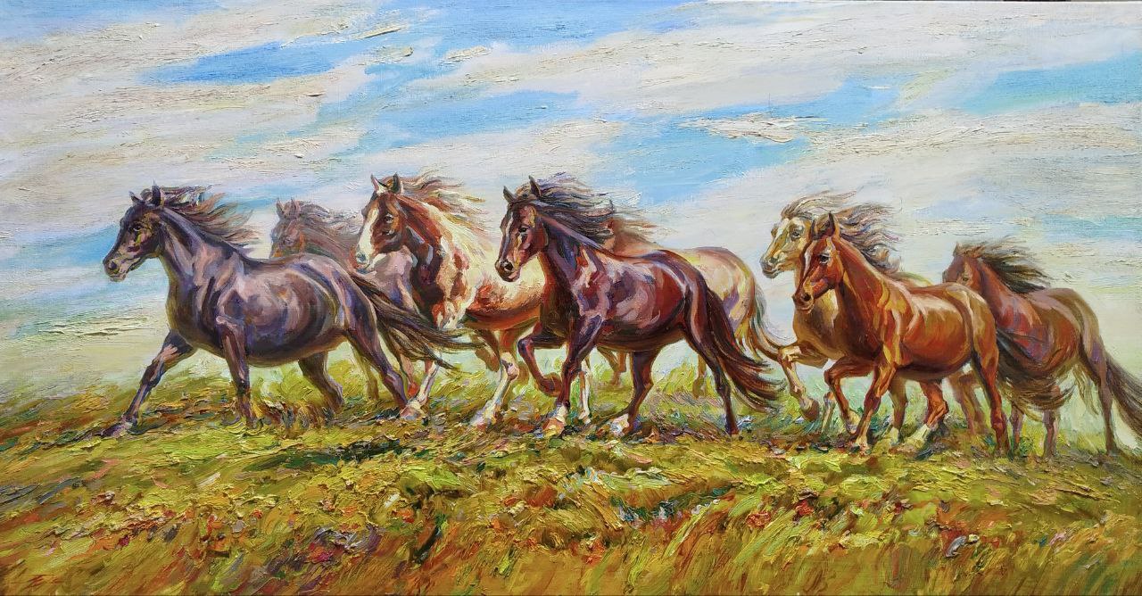 Vibrant oil painting of dynamic horse herd galloping in field by Leonid Pavlenko