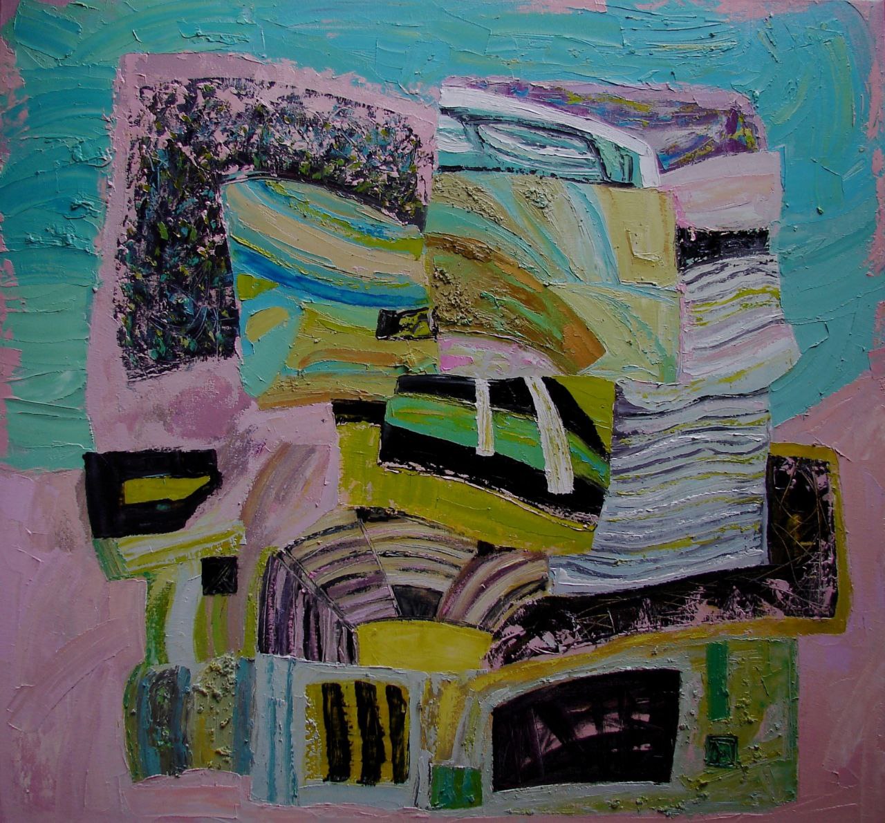 Abstract expressionist impasto painting by Tatyana Shulyak in teal pink yellow green black