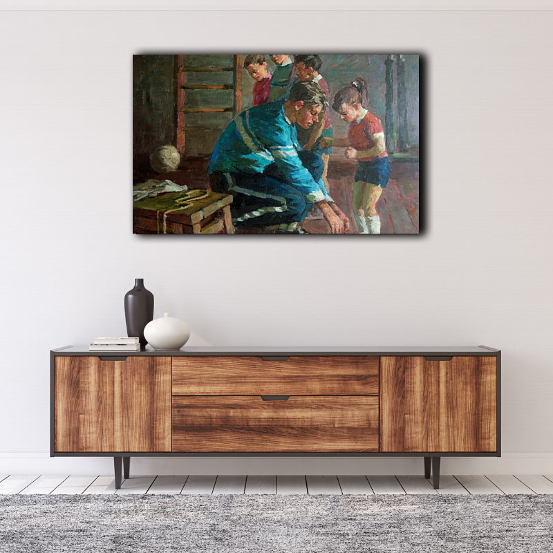 Social realism painting of man and children indoors in warm tones