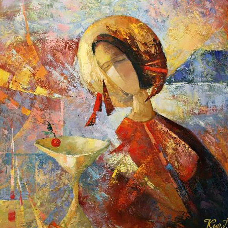 Stylized abstract painting of woman in golden-brown hat with red ribbons holding cherry martini by Art-Hotyn