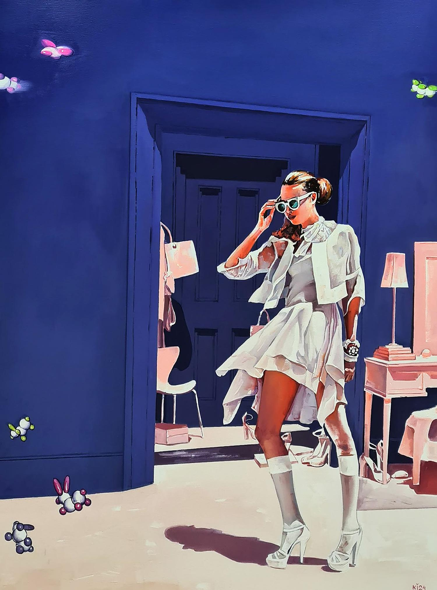 Stylish woman in white layered outfit, heels, sunglasses by Igor Konovalov