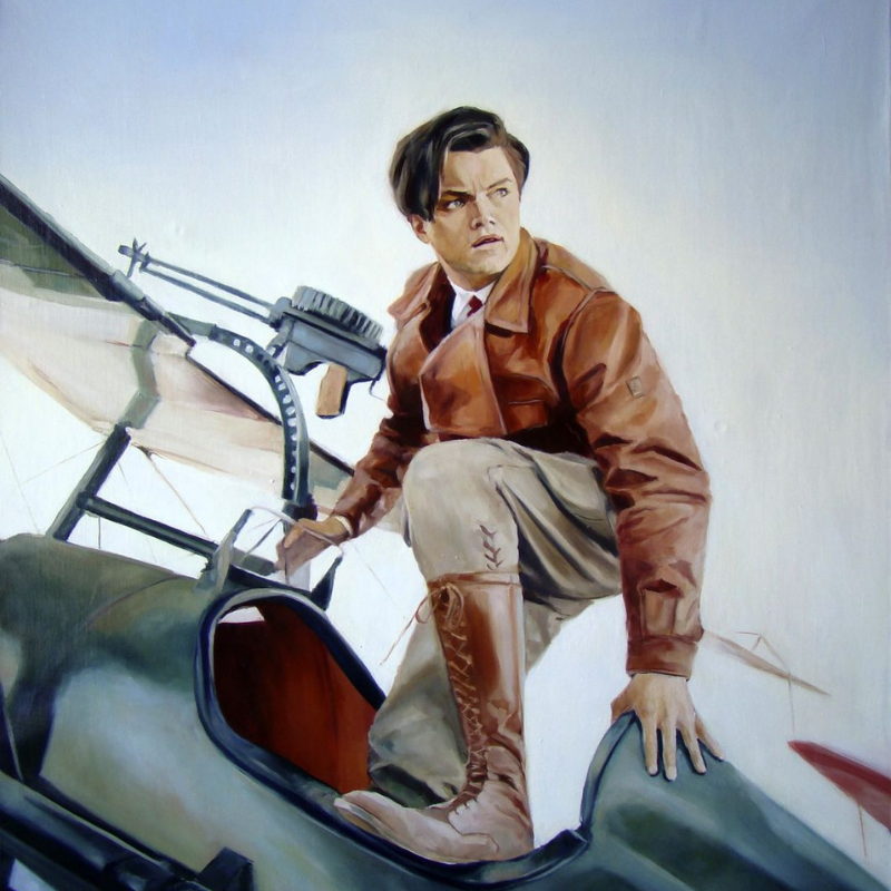Painted portrait of man in leather jacket on biplane cockpit by Yulia Lihina